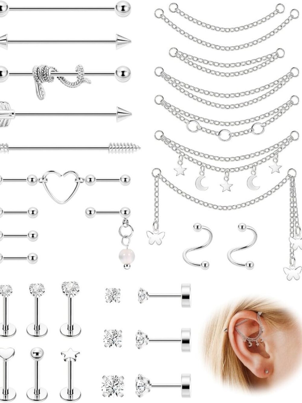 Surgical Steel Industrial Barbell Earrings with Chain for Women - Dangle